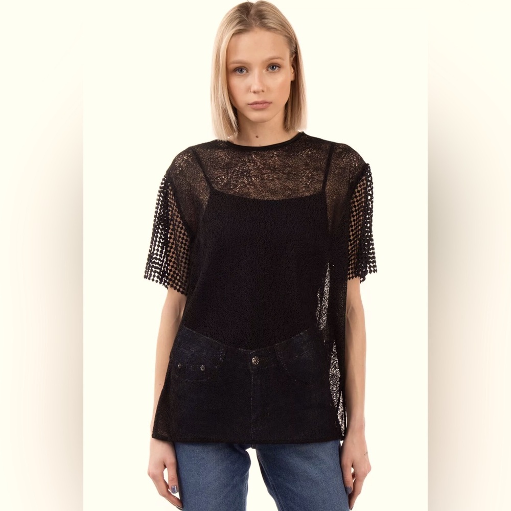 BNWT AUTH DVF DIANE VON FURSTENBERG T-SHIRT TOP SZ S LATTICE TRIM SHORT SLEEVE